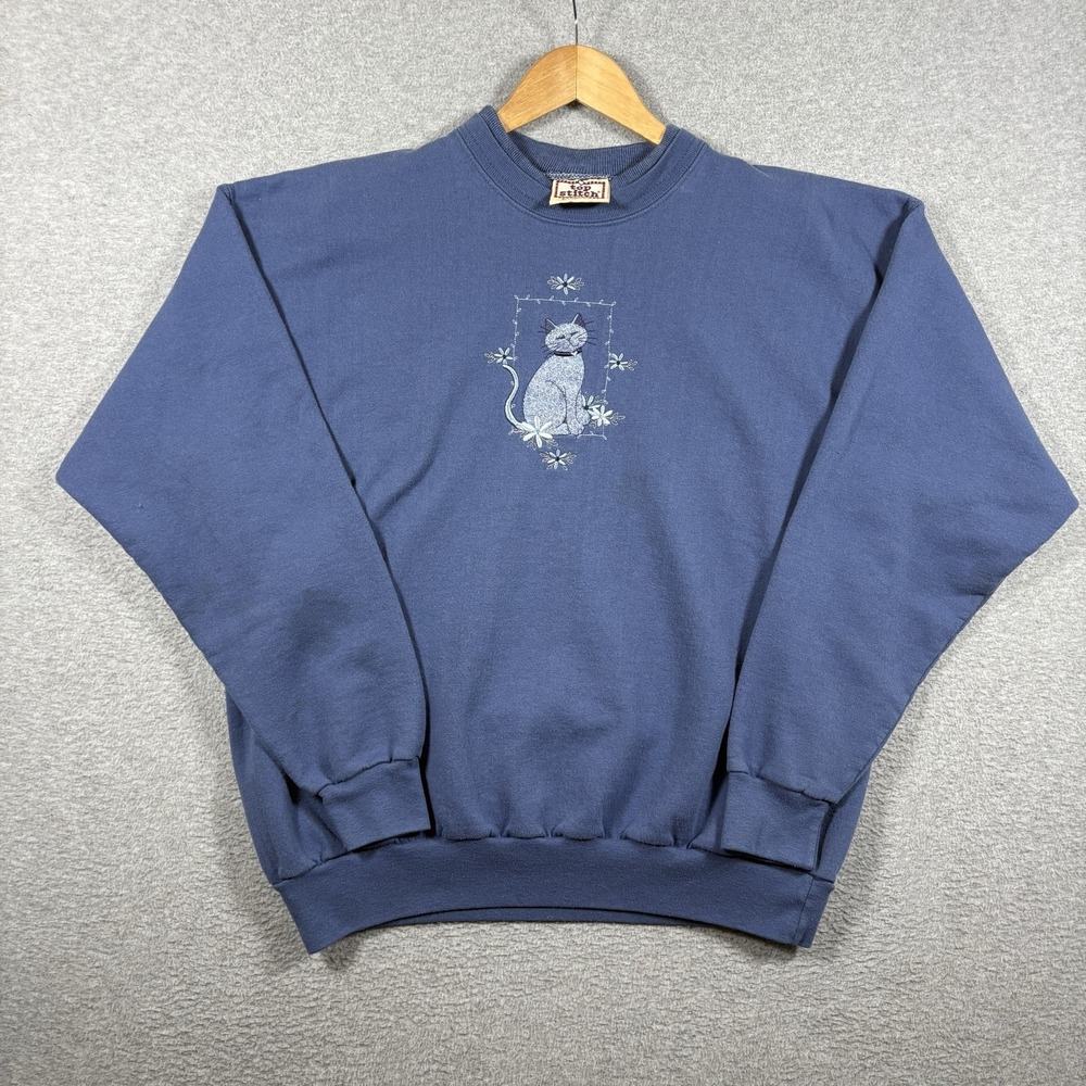 VTG 90s Top Stitch Morning Sun Embroidered Cat Crewneck Sweatshirt Blue Womens L